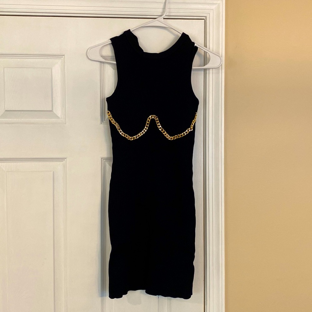 Fashion Nova NWT black ribbed mini dress with gold chain accent